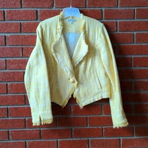 CAbi Yellow Daisy Statement Tweed Fringe Cropped Jacket  Style 339 Size L